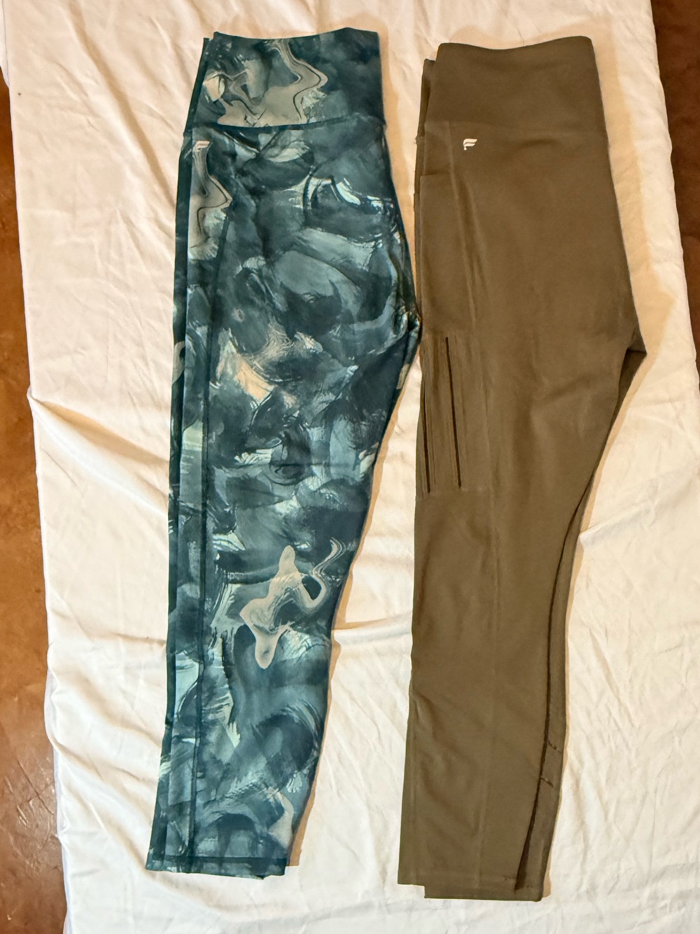 NWOT Fabletics Teal Blue Marble Print and NWT Brown Leggings Women’s size XL (UU